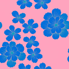 Flowers seamless pattern. Abstract floral blossom design illustration. Trendy colorful summer blue flowers on pink background. Modern floral tile pattern for fashion textile fabric, cloth, home decor