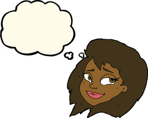 cartoon happy female face with thought bubble