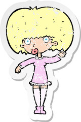 retro distressed sticker of a cartoon waving girl