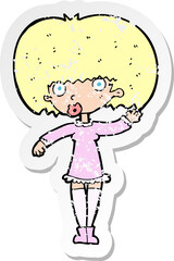 retro distressed sticker of a cartoon waving girl