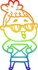 rainbow gradient line drawing cartoon happy woman wearing spectacles