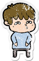 distressed sticker of a cartoon curious man