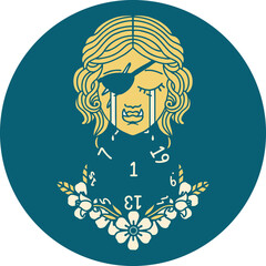 crying half orc rogue character with natural one D20 roll illustration