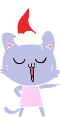 flat color illustration of a cat singing wearing santa hat