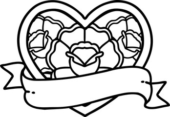 black line tattoo of a heart and banner with flowers