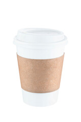 Takeaway paper coffee cup with sleeve isolated on white.  Full Depth of field. Focus stacking. PNG