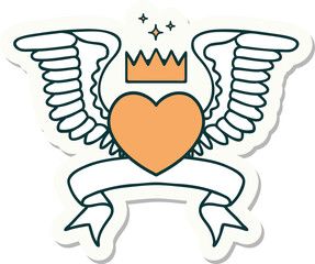 tattoo sticker with banner of a heart with wings