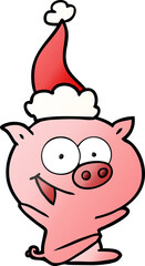 cheerful sitting pig gradient cartoon of a wearing santa hat