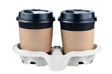 Takeaway black paper coffee cup with sleeve isolated on white.  Full Depth of field. Focus stacking. PNG