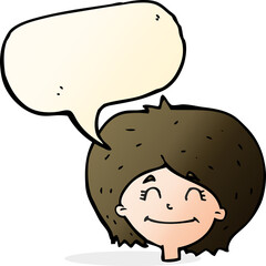 cartoon happy female face with speech bubble