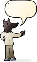 cartoon pointing wolf man with speech bubble