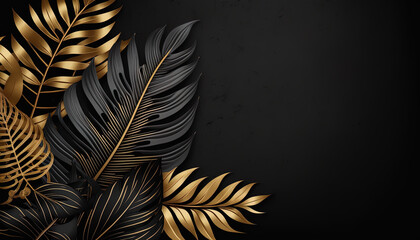 Luxury floral background with golden and black palm, monstera leaves on black background with empty space for text.