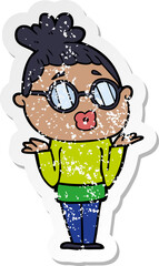 distressed sticker of a cartoon confused woman wearing spectacles