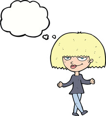 cartoon smug looking woman with thought bubble