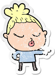 distressed sticker of a cartoon calm woman
