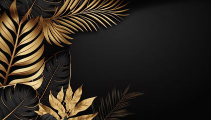 Luxury floral background with golden and black palm, monstera leaves on black background with empty space for text.