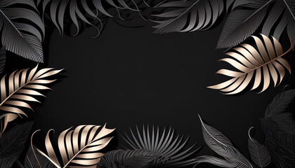 Luxury floral background with silver and black palm, monstera leaves on black background with empty space for text.