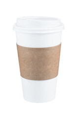 Takeaway paper coffee cup with brown sleeve isolated on white.  Full Depth of field. Focus stacking. PNG