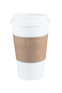 Takeaway paper coffee cup with brown sleeve isolated on white.  Full Depth of field. Focus stacking. PNG