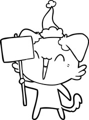 happy little line drawing of a dog holding sign wearing santa hat