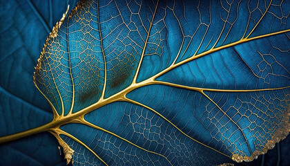 Blue leaf with golden veins texture closeup macro background. Natural floral texture luxury background