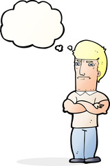 cartoon annoyed man with folded arms with thought bubble