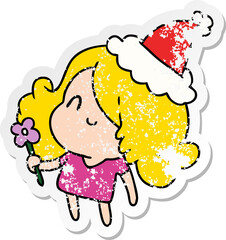 christmas distressed sticker cartoon of kawaii girl