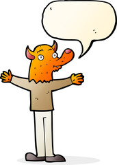 cartoon friendly fox person with speech bubble