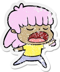 distressed sticker of a cartoon woman talking loudly