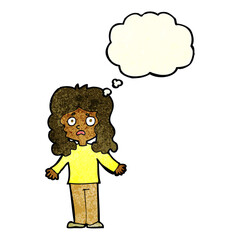 cartoon worried woman with thought bubble