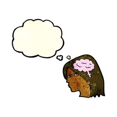 cartoon female head with brain symbol with thought bubble