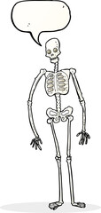 cartoon spooky skeleton with speech bubble