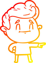 warm gradient line drawing happy cartoon man pointing