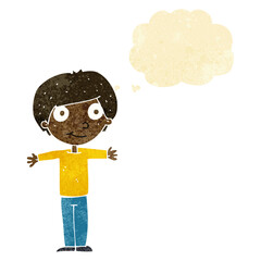 cartoon happy boy with open arms with thought bubble