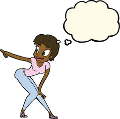 cartoon pretty woman pointing with thought bubble