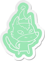 friendly cartoon  sticker of a wolf wearing santa hat