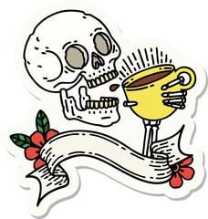 tattoo sticker with banner of a skull drinking coffee