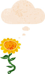 cartoon sunflower and thought bubble in retro textured style