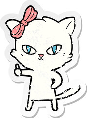 distressed sticker of a cute cartoon cat giving thumbs up symbol