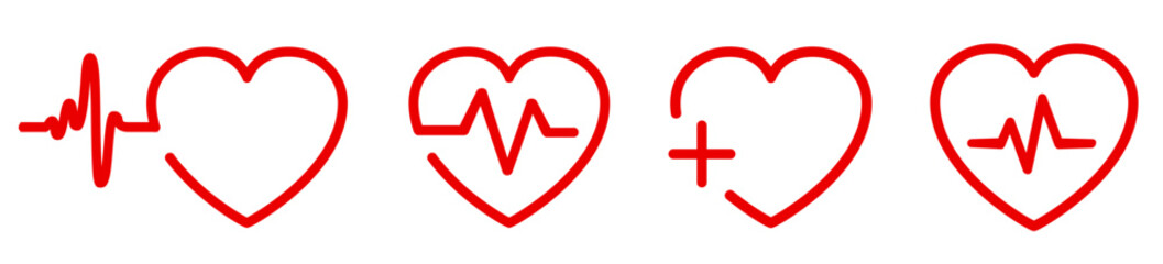 Set red heart icons, pulse one line, cardiogram sign, heartbeat - stock vector