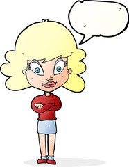 cartoon happy woman with folded arms with speech bubble