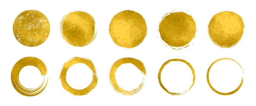 Set different circle brush strokes isolated, hand drawn paint brush circle logo gold frame – for stock