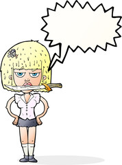 cartoon woman with knife between teeth with speech bubble