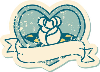 distressed sticker tattoo style icon of a heart rose and banner