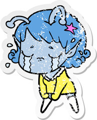 distressed sticker of a cartoon crying alien girl