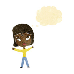 cartoon happy woman waving arms with thought bubble