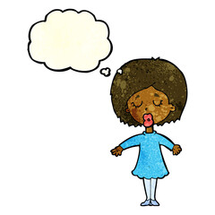 cartoon woman in dress with thought bubble