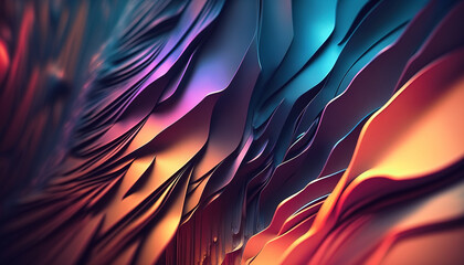 Abstract textured background in purple, blue and orange colors. Fantastic bulging curls with depth of field look like holographic chrome scales. Backdrop for a banner or creativity. Generative Ai.