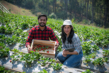Farmer working with natural organic fruit holding strawberries in farm field and people.