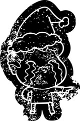 cartoon distressed icon of a man crying wearing santa hat